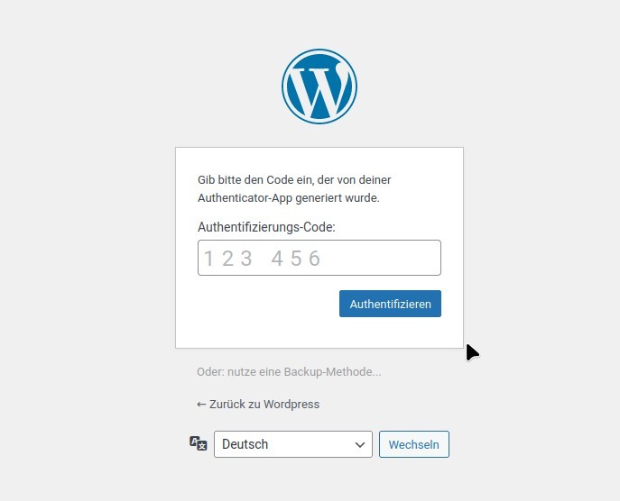 Wordpress - bereit zur Eingabe des Authentifizierungscodes.
