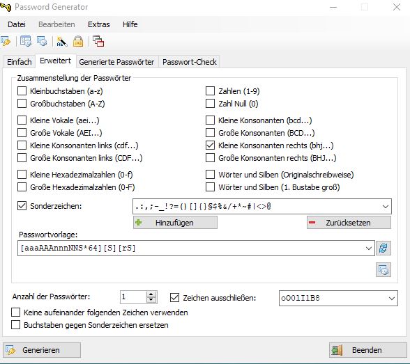 Oberfläche des Passwort-Generators für Windows mit den einstellbaren Optionen (Hersteller: Gaijin Software)